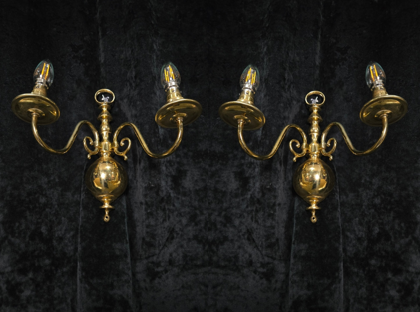 Elegant Pair Vintage Polished Brass 2 Arm Flemish Wall Lights Sconces