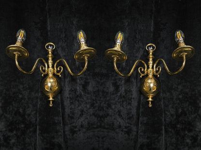 Elegant Pair Vintage Polished Brass 2 Arm Flemish Wall Lights Sconces