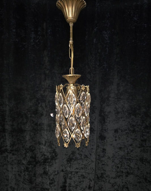 Unique Vintage Italian 1 Light Brass Small Cylinder Crystal Caged Chandelier