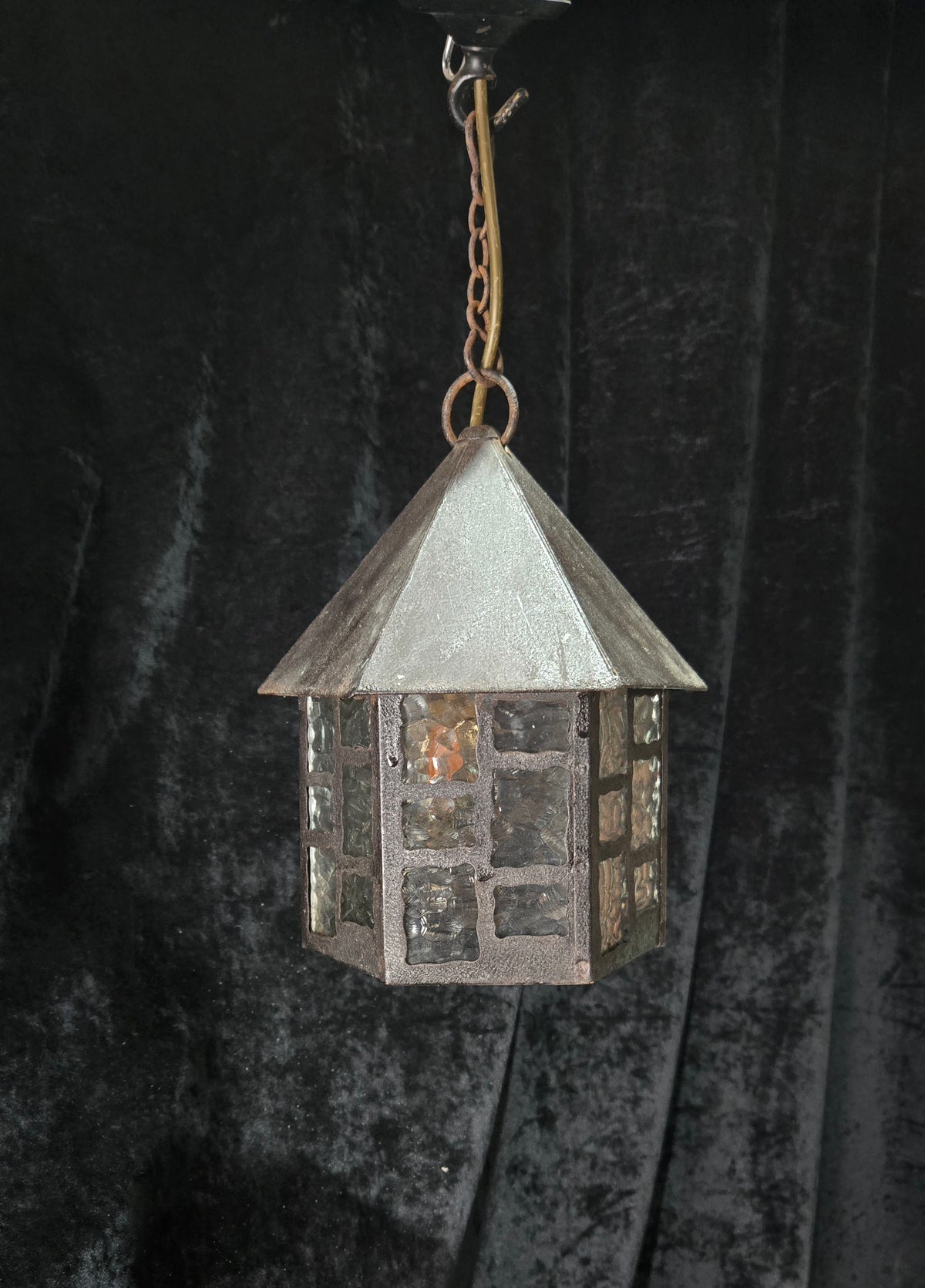 Lovely Vintage French Wrought Iron Gothic Lantern Light with Textured Glass