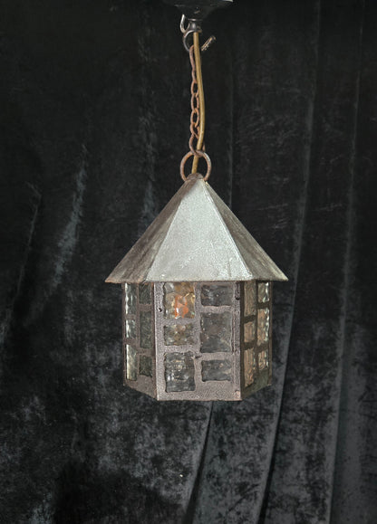 Lovely Vintage French Wrought Iron Gothic Lantern Light with Textured Glass