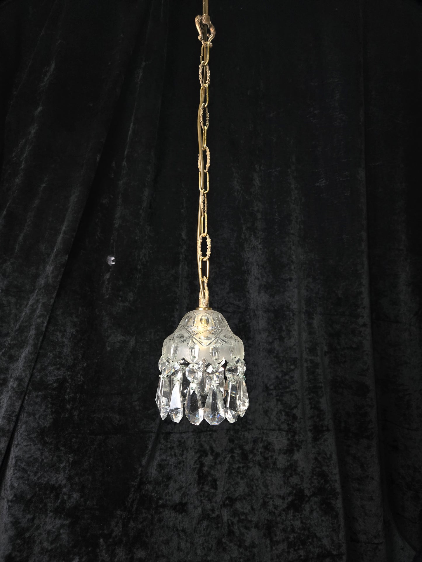 Beautiful Petite Cut Glass Crystal Antique Shade Brass Pendant Light Chandelier