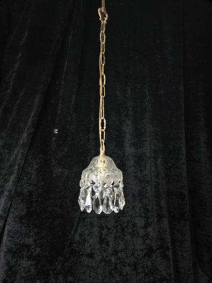 Beautiful Petite Cut Glass Crystal Antique Shade Brass Pendant Light Chandelier