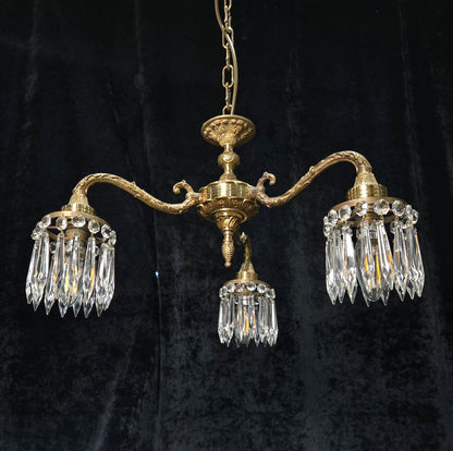 Lovely Vintage Italian 3 Arm Brass Crystal Chandelier Ceiling Light