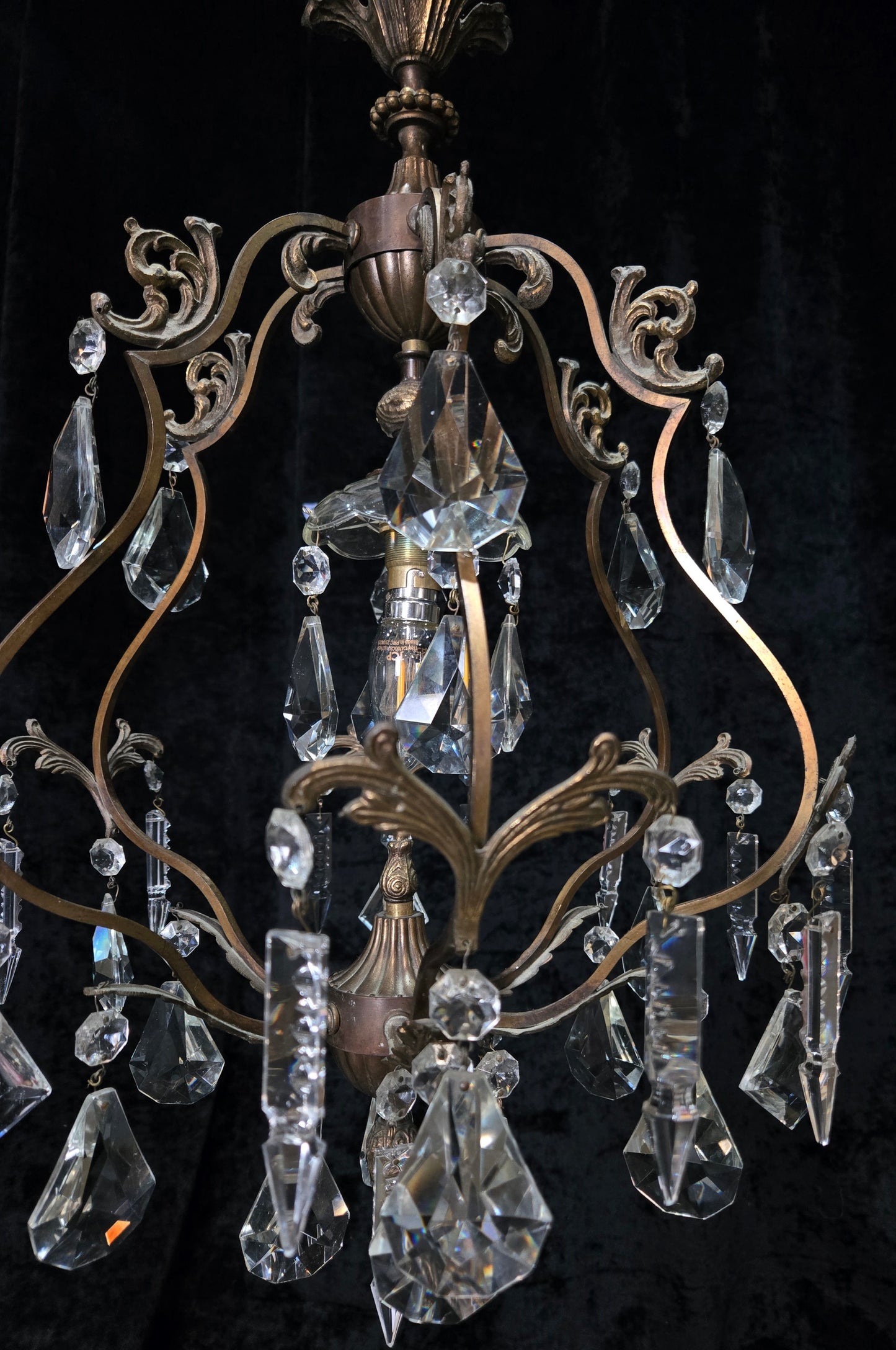 Elegant Vintage Italian 1 Light Cage Crystal Brass Chandelier Ceiling Light