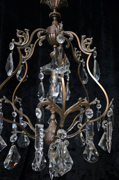 Elegant Vintage Italian 1 Light Cage Crystal Brass Chandelier Ceiling Light