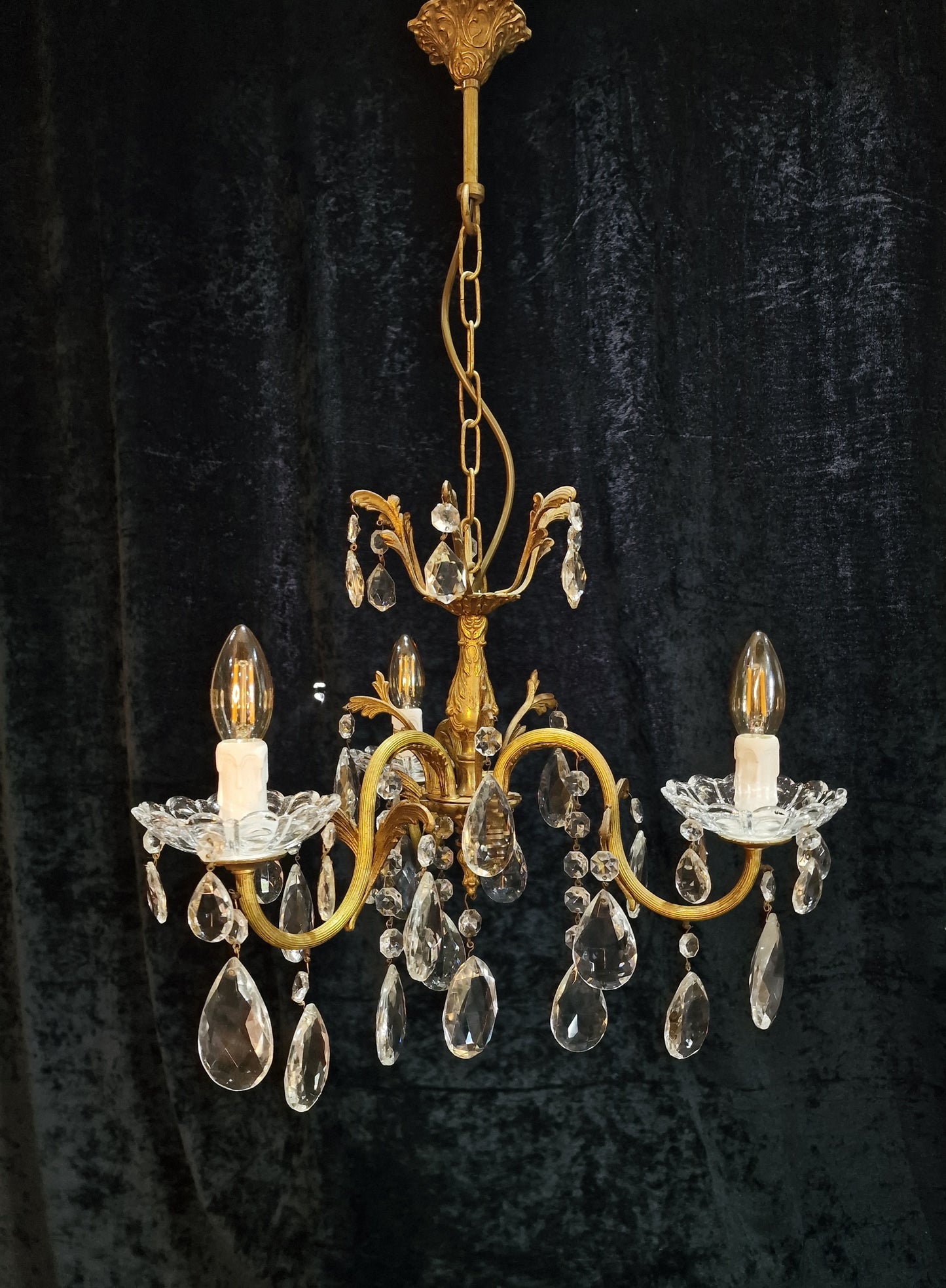 Beautiful Antique French 3 Arm Crystal Brass Leaf Chandelier Ceiling Light