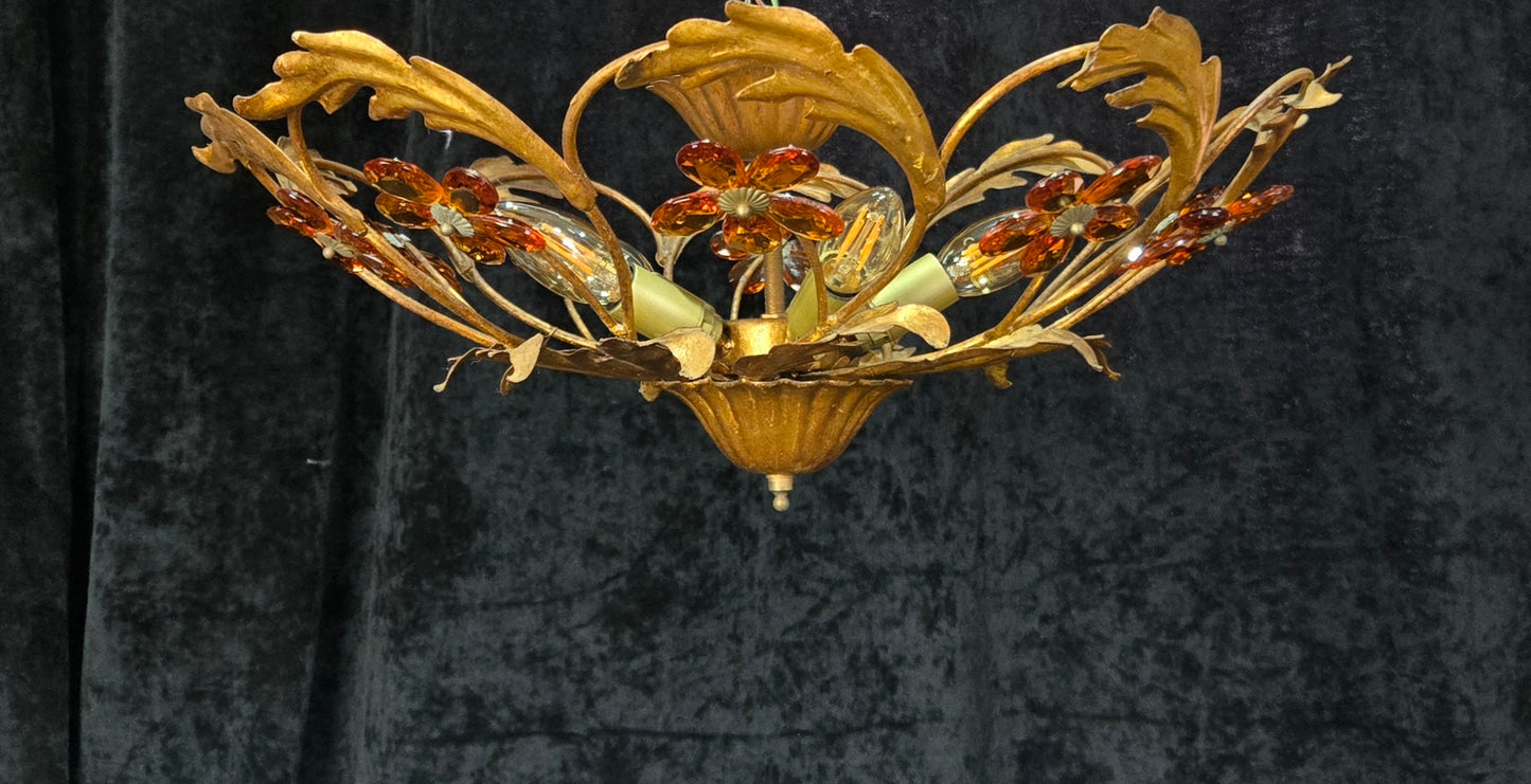 Beautiful Vintage Italian Banci 5 Light Gilded Toleware Flush Ceiling Chandelier