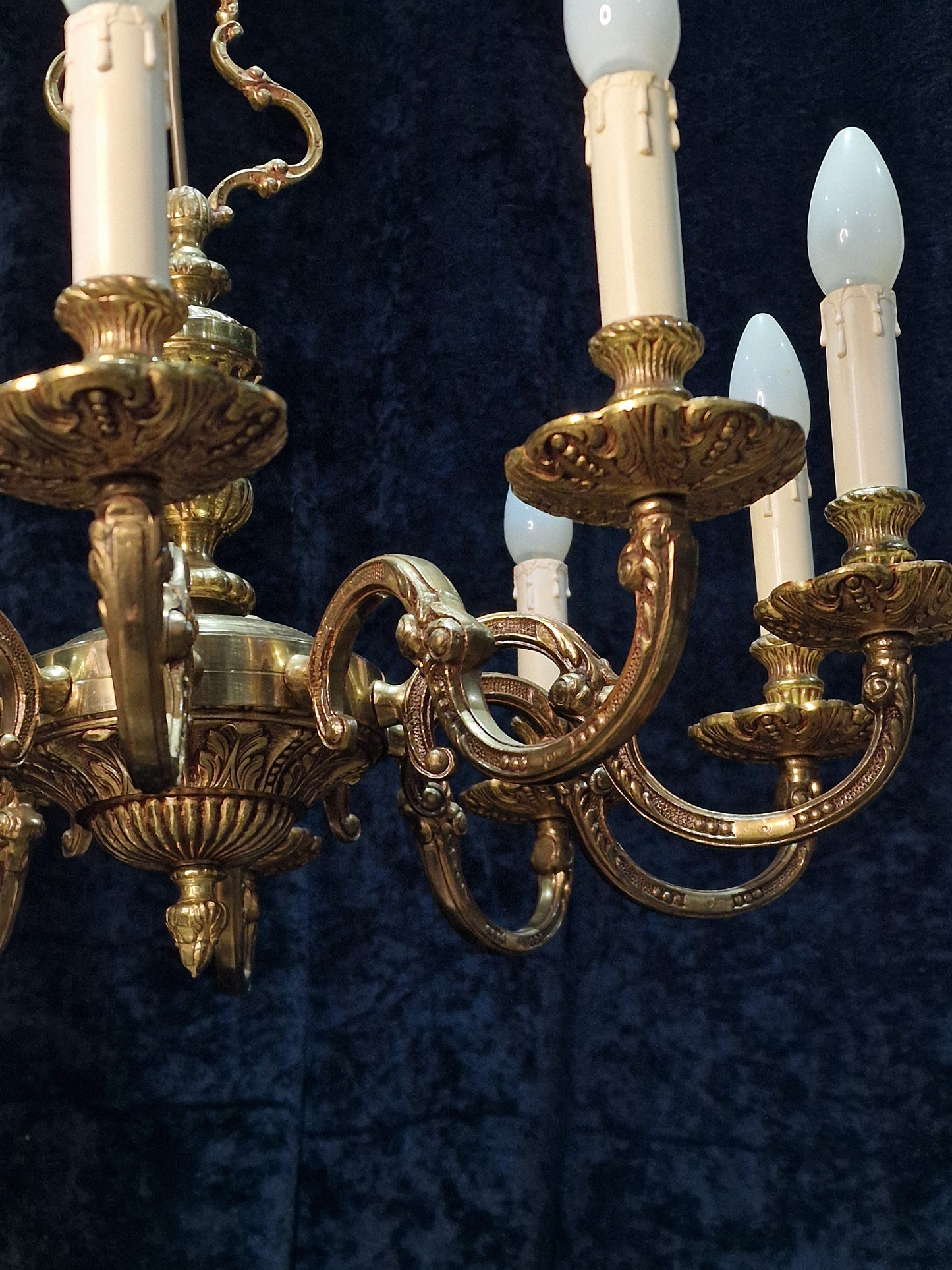 Stately Heavy Vintage French Empire Style 10 Arm Brass Chandelier Ceiling Light
