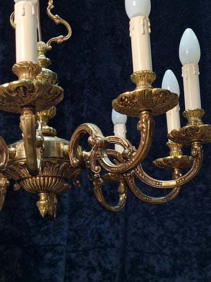 Stately Heavy Vintage French Empire Style 10 Arm Brass Chandelier Ceiling Light
