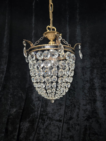 Stunning Antique French Empire Style Brass Crystal Leaf Chandelier Ceiling Light