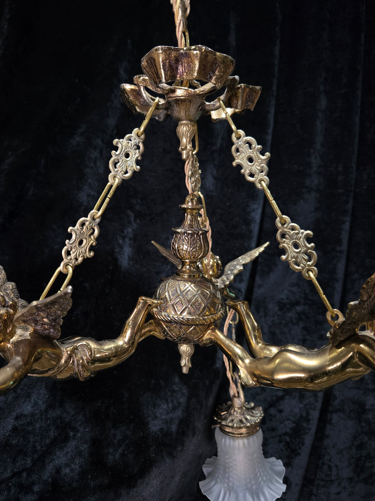 Fabulous Vintage French 3 Light Cherub Brass and Spelter Chandelier with Shades