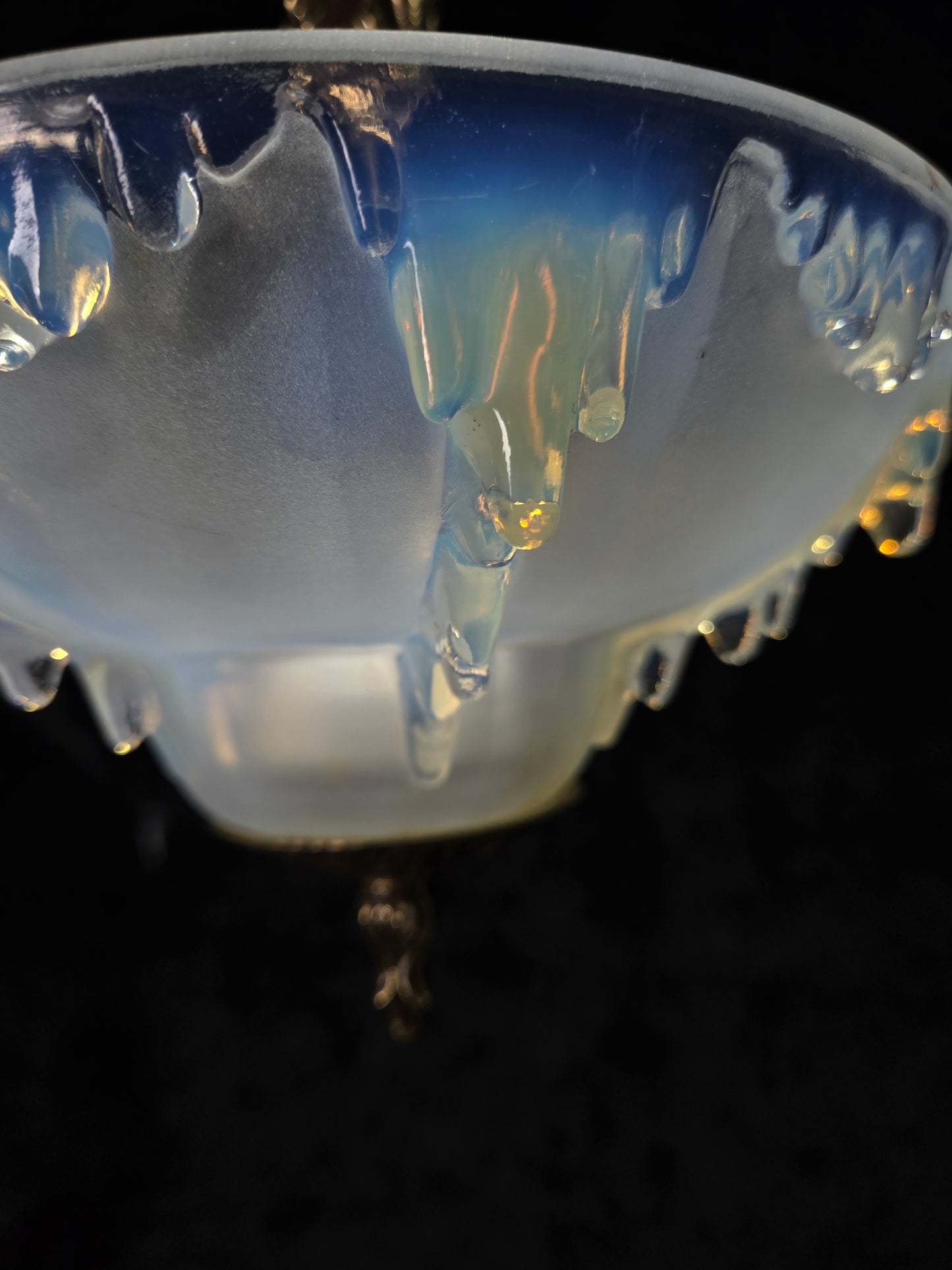 Unique Vintage 3 Light Brass EZAN Vaseline Glass Flush Ceiling Pendant Lantern