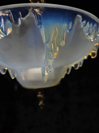 Unique Vintage 3 Light Brass EZAN Vaseline Glass Flush Ceiling Pendant Lantern