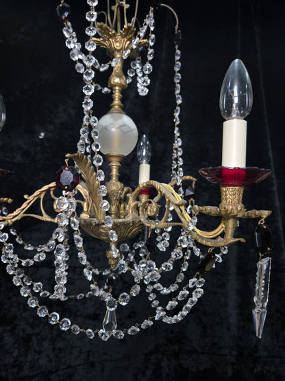 Stunning Antique French 3 Arm Glass Garnet Crystal Chandelier Ceiling Light