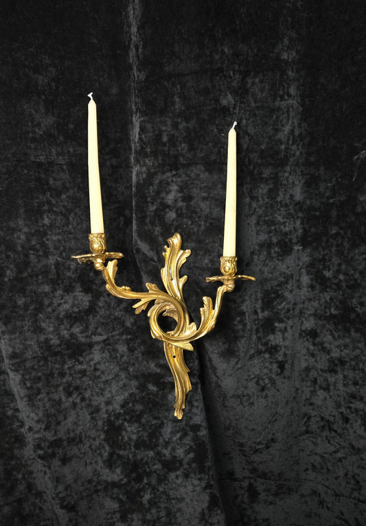 Beautiful Single Antique French Gilt Bronze Brass 2 Arm Leaf Candle Wall Light