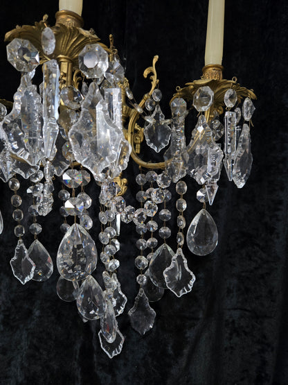 Superb Pair Large Vintage Italian Gilded Brass 3 Arm Candle Crystal Wall Lights