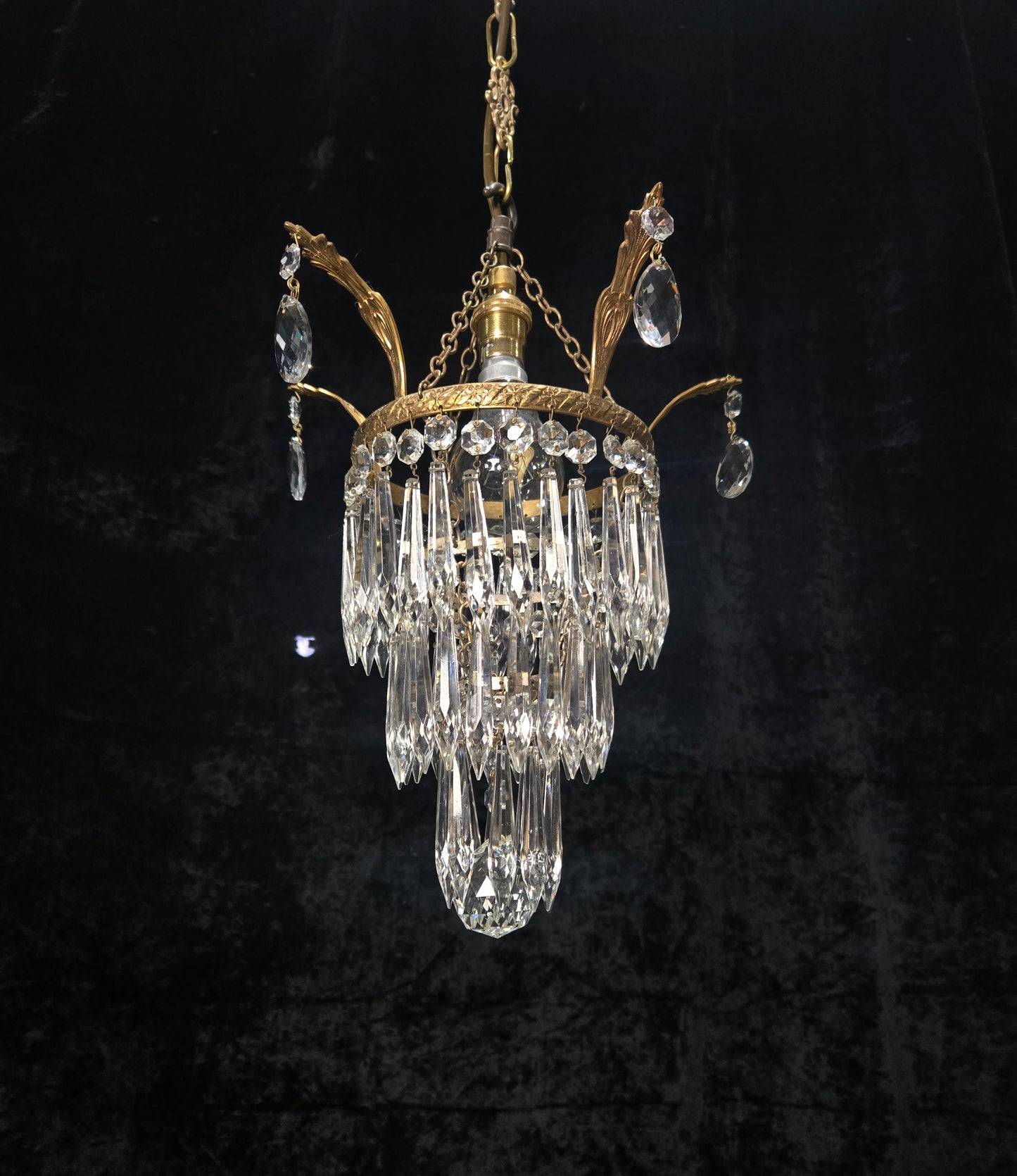 Beautiful Antique French Crystal Waterfall Brass Leaf Chandelier Ceiling Light