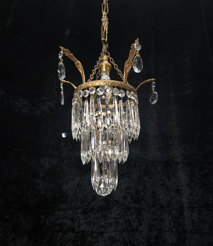 Beautiful Antique French Crystal Waterfall Brass Leaf Chandelier Ceiling Light