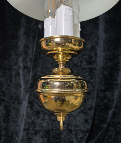 Unique Vintage Milk Glass Brass Bouillotte Oil Lamp Style 3 Light Chandelier