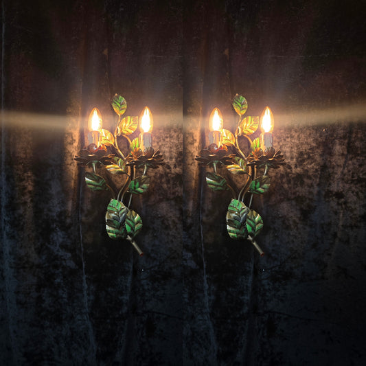 Beautiful Pair Vintage Italian Toleware Florentine Flower Leaf Sconces Lights