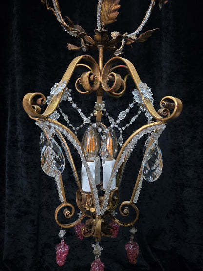 Fabulous Vintage Italian 3 Arm Caged Florentine Flower Crystal Chandelier Light