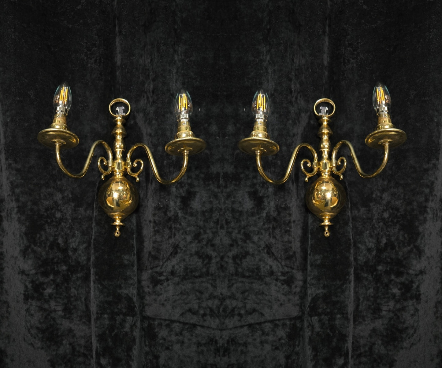 Elegant Pair Vintage Polished Brass 2 Arm Flemish Wall Lights Sconces