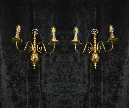 Elegant Pair Vintage Polished Brass 2 Arm Flemish Wall Lights Sconces
