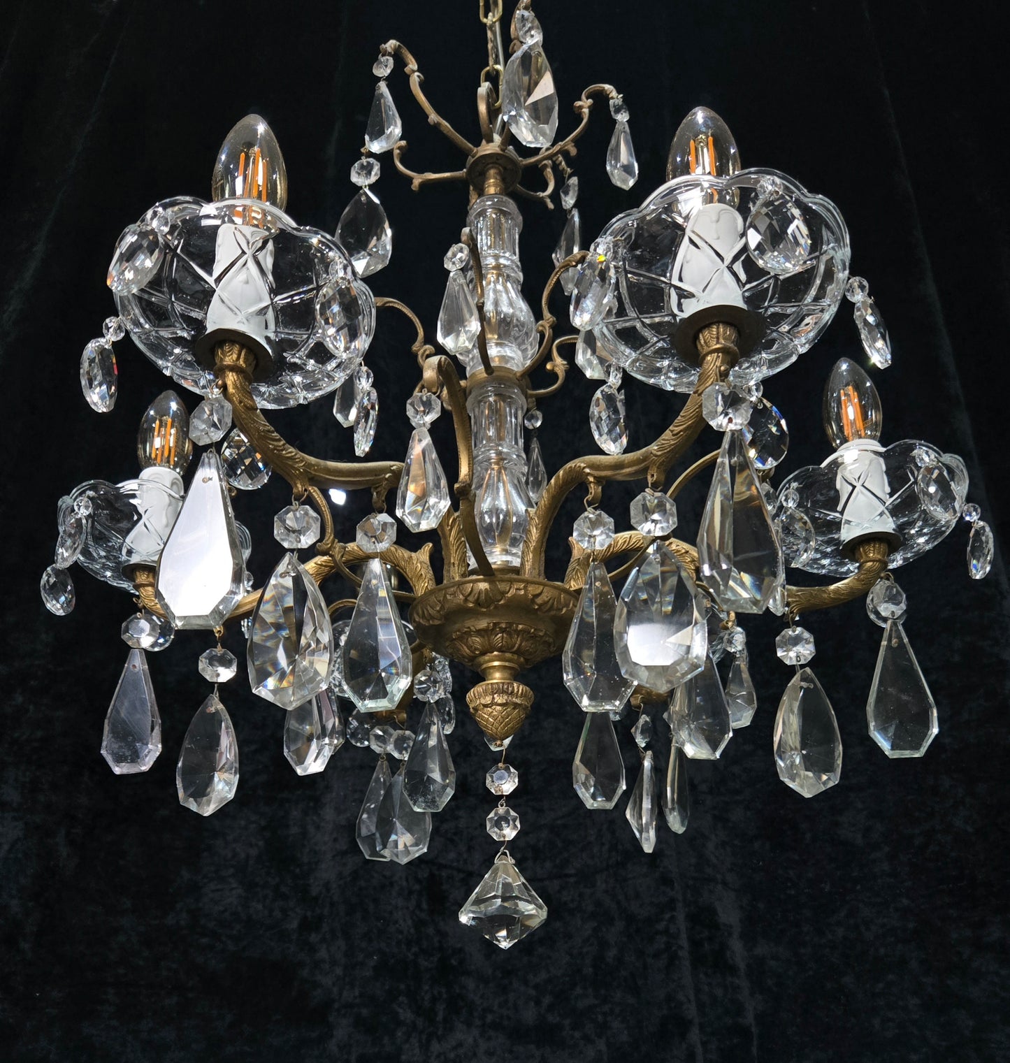 Fabulous Antique French 6 Arm Brass 2 Tier Crystal Chandelier Ceiling Light
