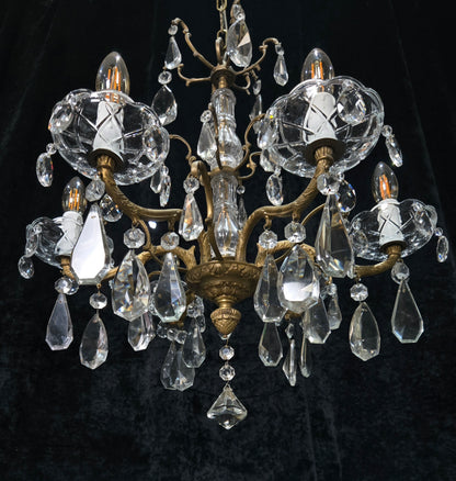 Fabulous Antique French 6 Arm Brass 2 Tier Crystal Chandelier Ceiling Light