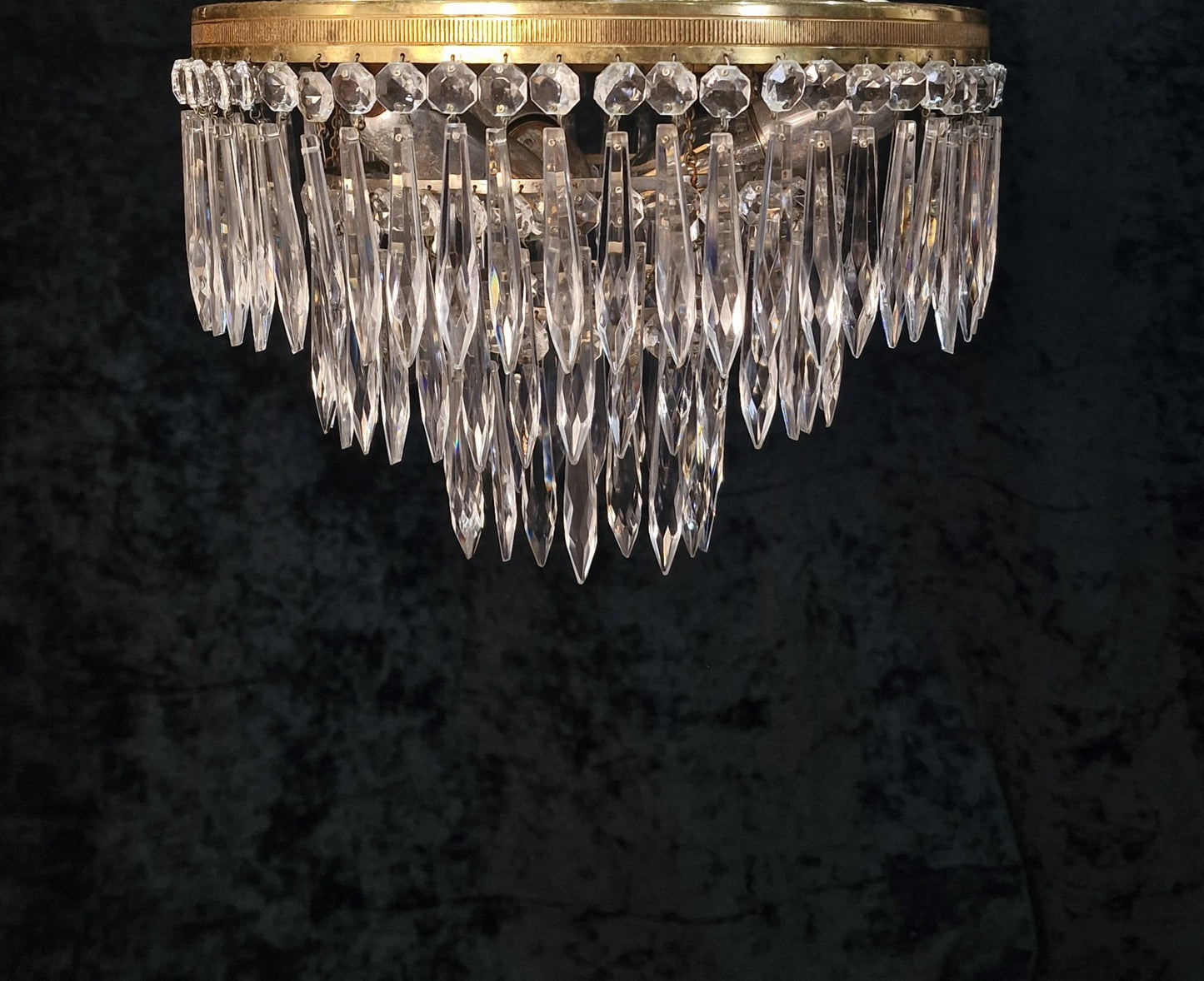 Beautiful Vintage French 3 Tier 3 Light Brass Crystal Waterfall Flush Mount