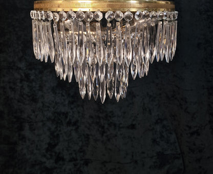 Beautiful Vintage French 3 Tier 3 Light Brass Crystal Waterfall Flush Mount