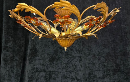 Beautiful Vintage Italian Banci 5 Light Gilded Toleware Flush Ceiling Chandelier