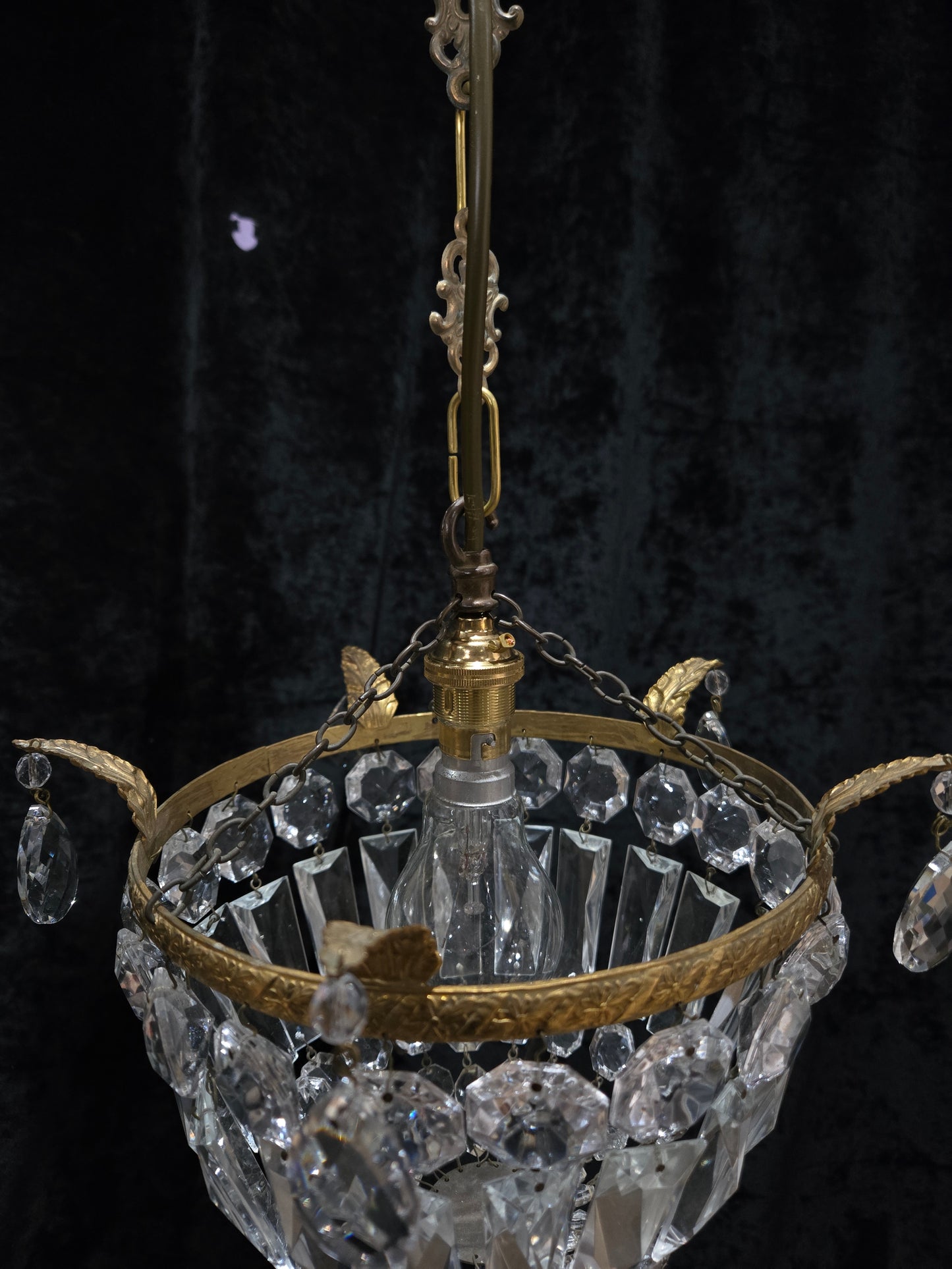 Beautiful Antique French Crystal Half Bag Brass Leaf Chandelier Ceiling Light