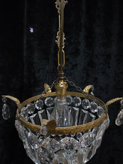 Beautiful Antique French Crystal Half Bag Brass Leaf Chandelier Ceiling Light