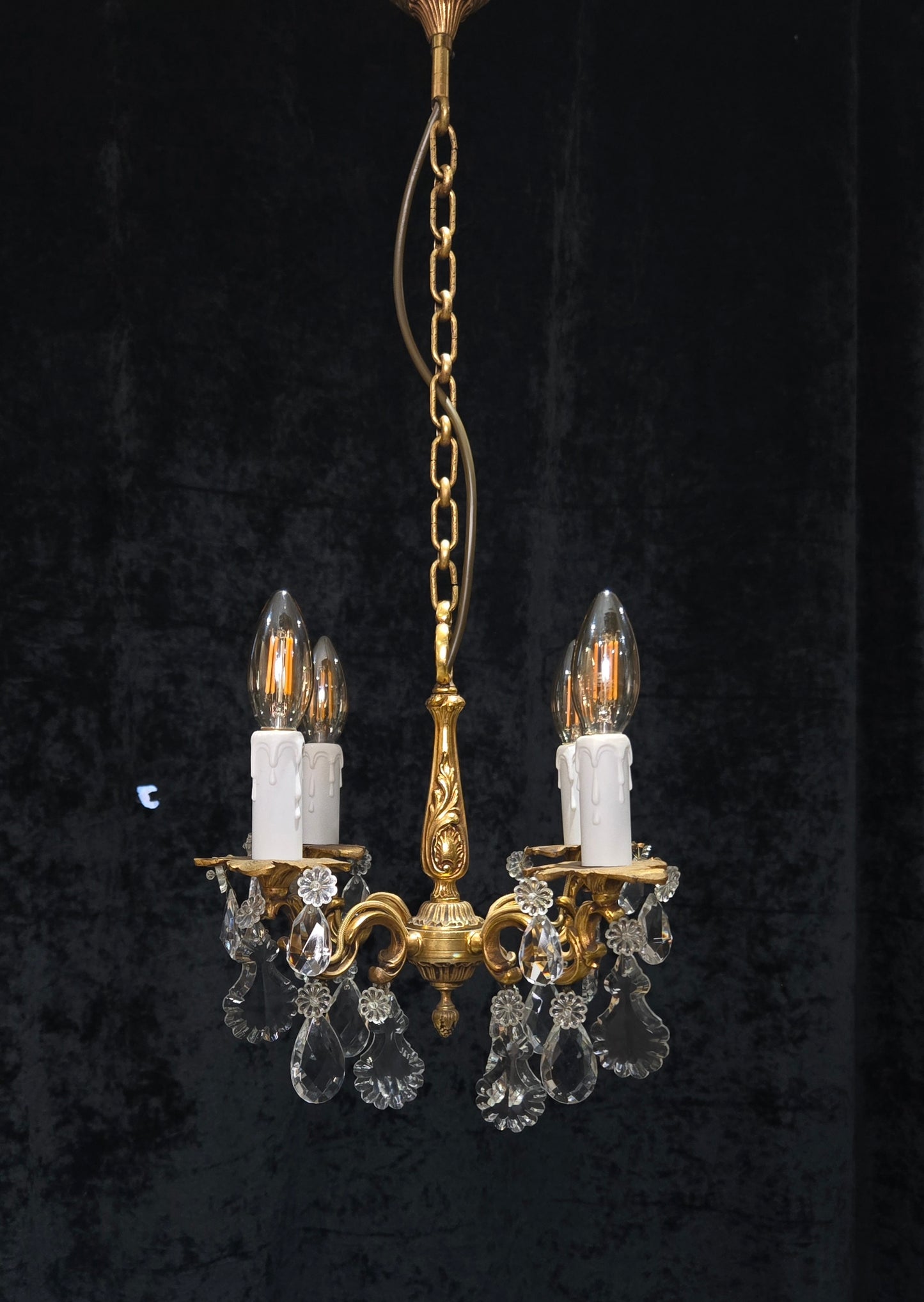 Beautiful Antique Petite French 4 Arm Bronze Brass Crystal Chandelier Light