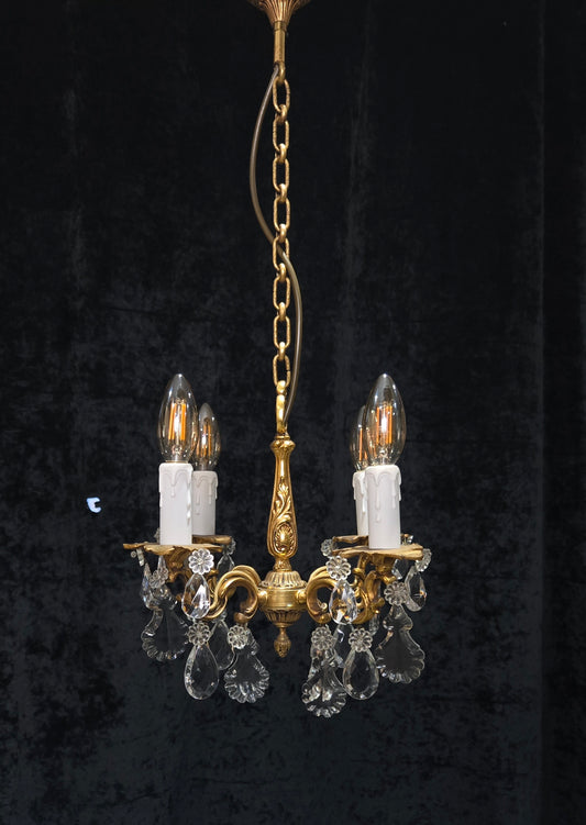 Beautiful Antique Petite French 4 Arm Bronze Brass Crystal Chandelier Light