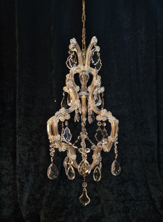 Gorgeous Vintage French Tall 1 Light Brass Glass Marie Therese Cage Chandelier