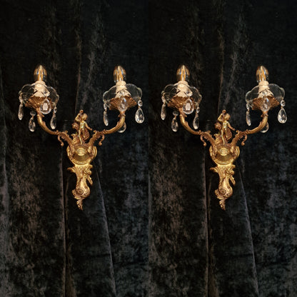 Fabulous Pair Vintage Italian 2 Arm Brass Cherub Crystal Wall Lights Sconces