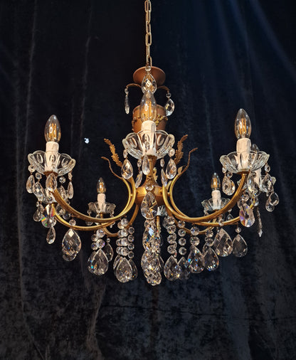 Beautiful Vintage Italian 8 Arm Brass and Crystal Leaf Chandelier Ceiling Light