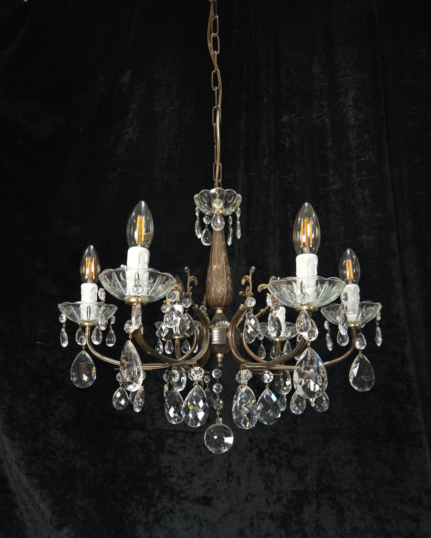 Beautiful Vintage Italian 6 Arm Brass Glass Crystal Chandelier Ceiling Light