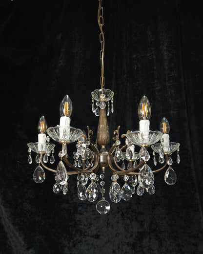 Beautiful Vintage Italian 6 Arm Brass Glass Crystal Chandelier Ceiling Light