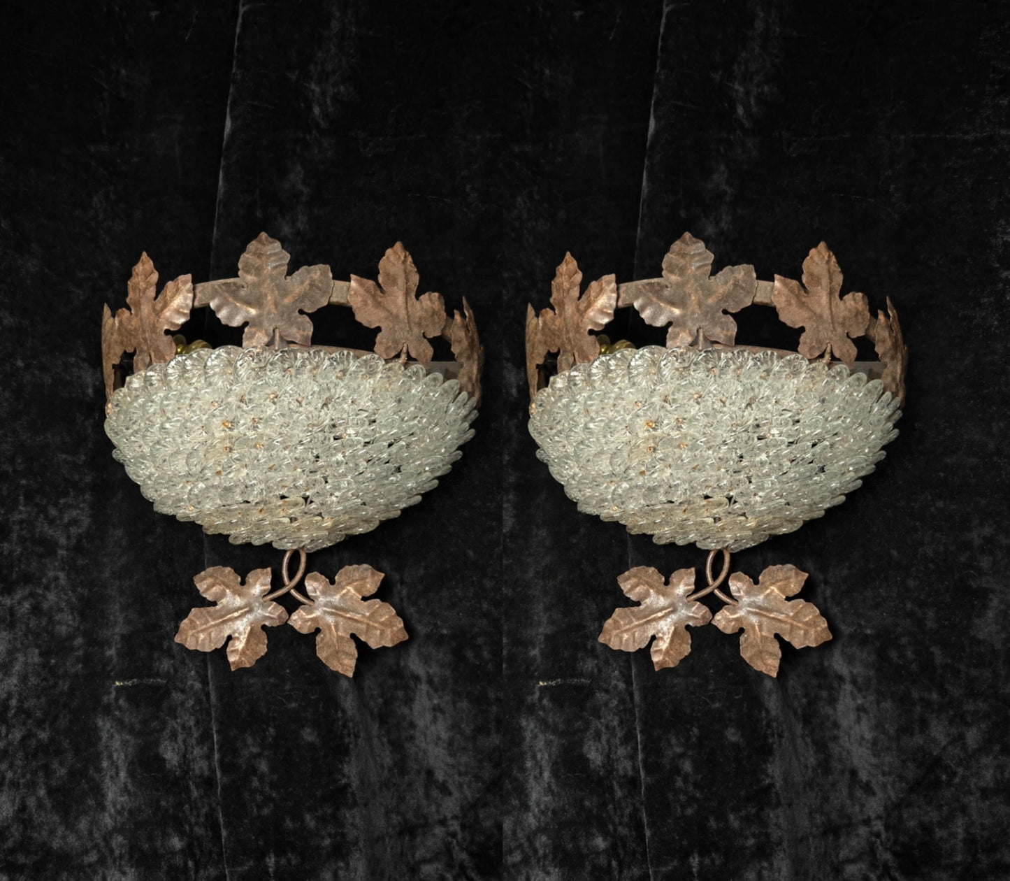 Fabulous Pair Vintage French Iron Murano Glass Basket Leaf Wall Lights Sconces