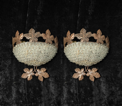 Fabulous Pair Vintage French Iron Murano Glass Basket Leaf Wall Lights Sconces