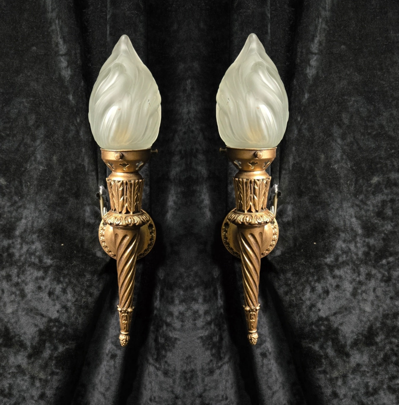 Decorative Pair Vintage Italian Gilded Torchere Wall Lights Sconces Flame Shades