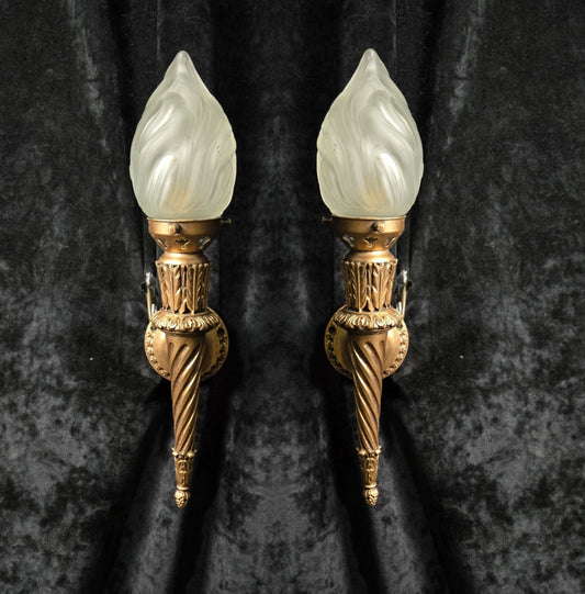 Decorative Pair Vintage Italian Gilded Torchere Wall Lights Sconces Flame Shades