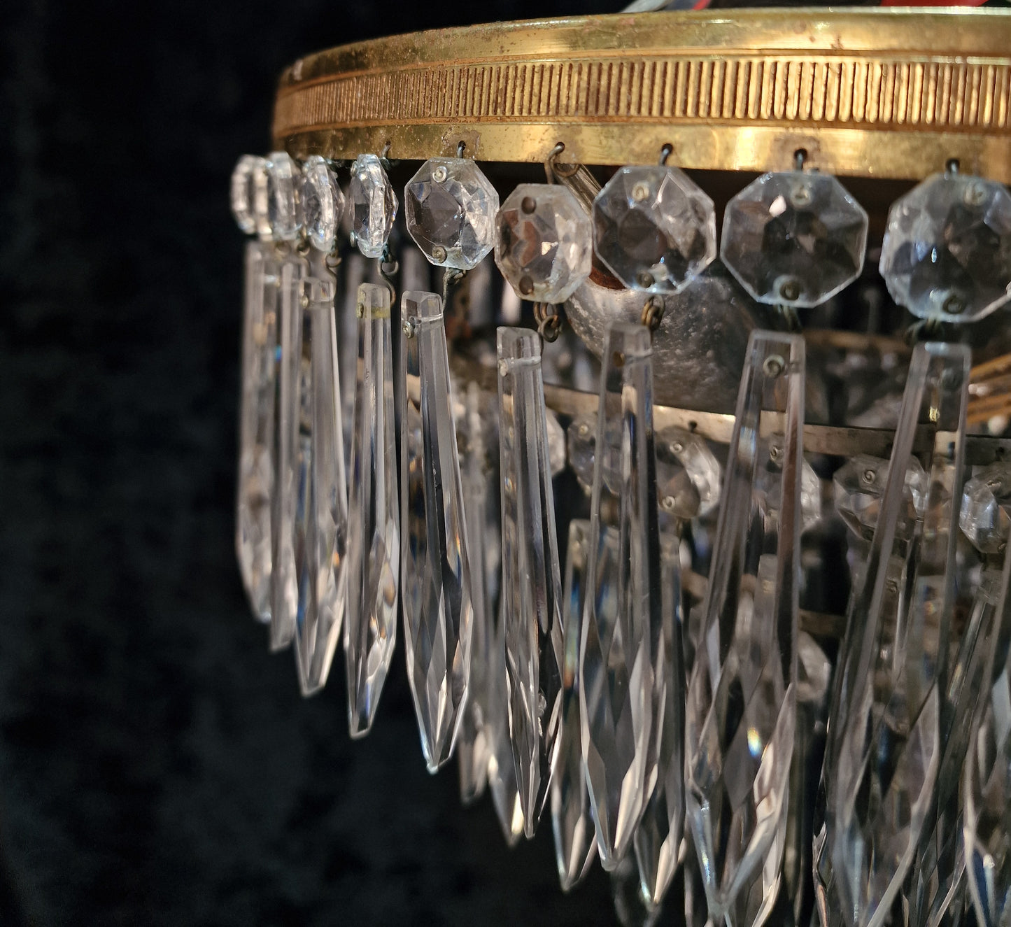 Beautiful Vintage French 3 Tier 3 Light Brass Crystal Waterfall Flush Mount