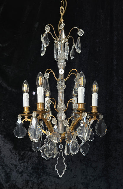 Traditional Tall Antique French 6 Arm Brass Crystal 3 Tier Chandelier Light