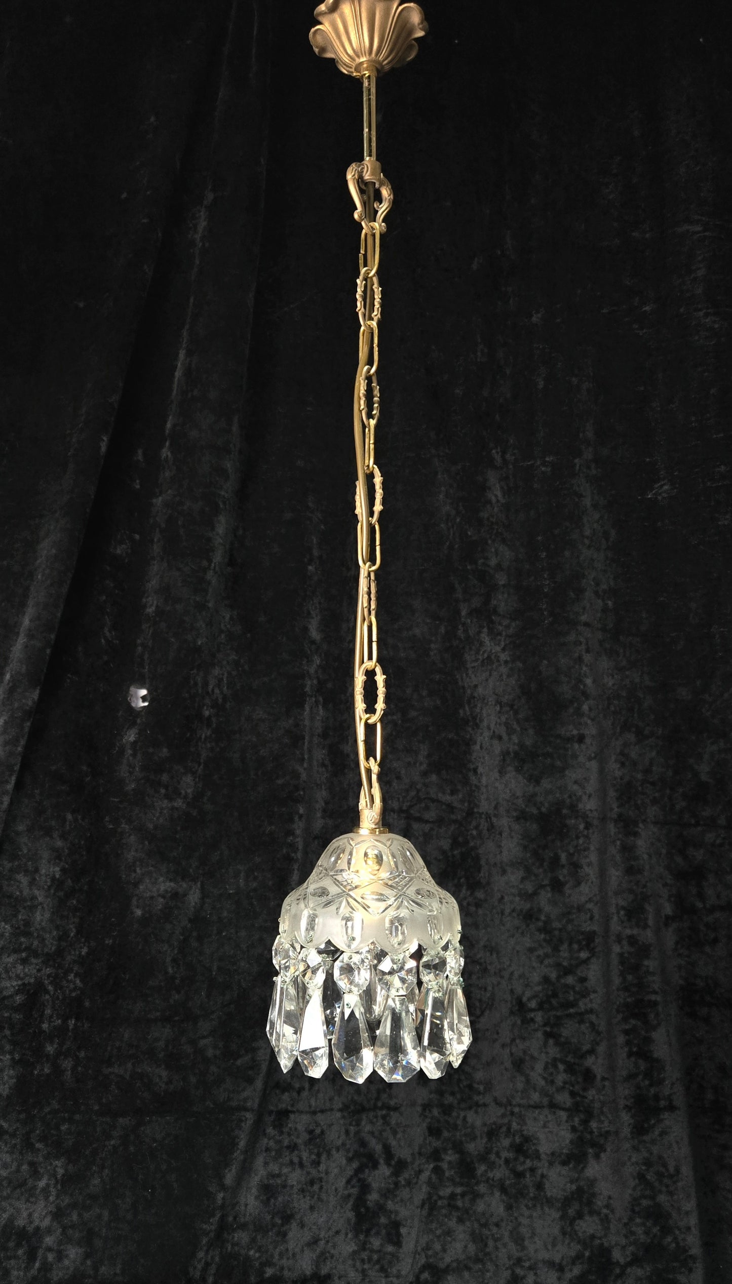 Beautiful Petite Cut Glass Crystal Antique Shade Brass Pendant Light Chandelier