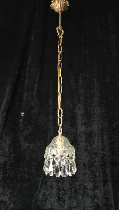 Beautiful Petite Cut Glass Crystal Antique Shade Brass Pendant Light Chandelier